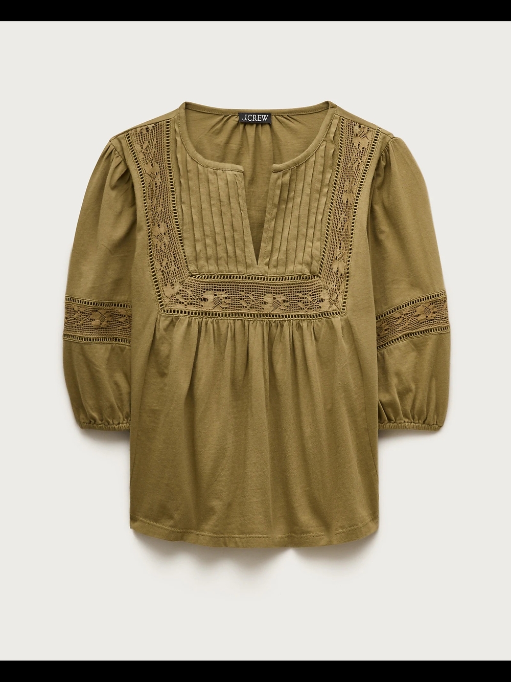 J.Crew Lace Trim Pintuck Puff Sleeves Peasant Blouse, Small, Green